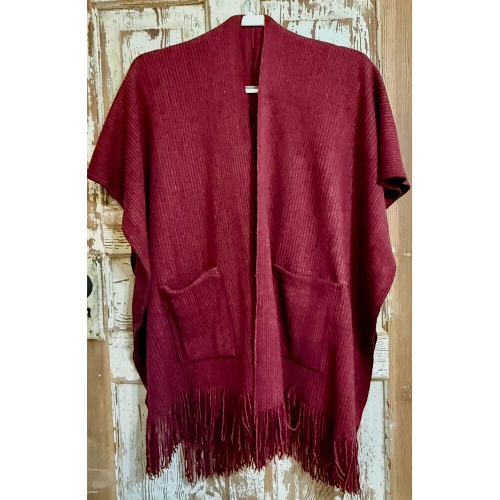 Kollie More Acrylic Knitted Wrap Shawl w/ Tassels & Pockets - Burgundy